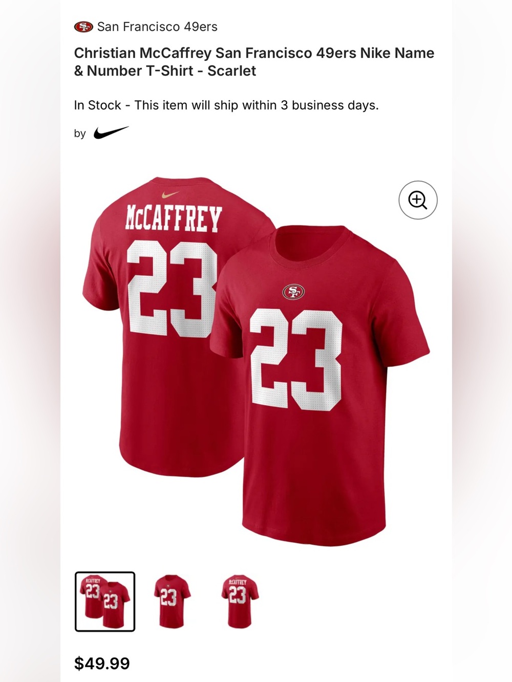 Nike San Francisco 49ers Christian McCaffrey #23 Men’s Jersey Tee